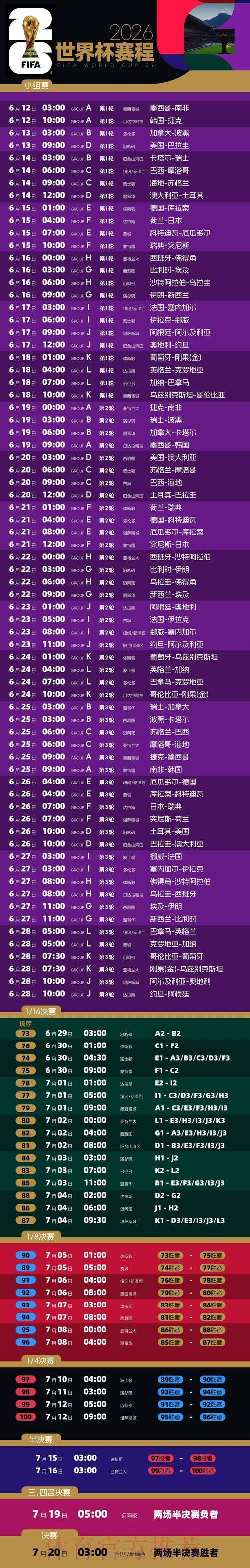 2026世界杯每日赛程高清版实时赛程怎么看 2026世界杯每日赛程高清版实时赛程怎么看